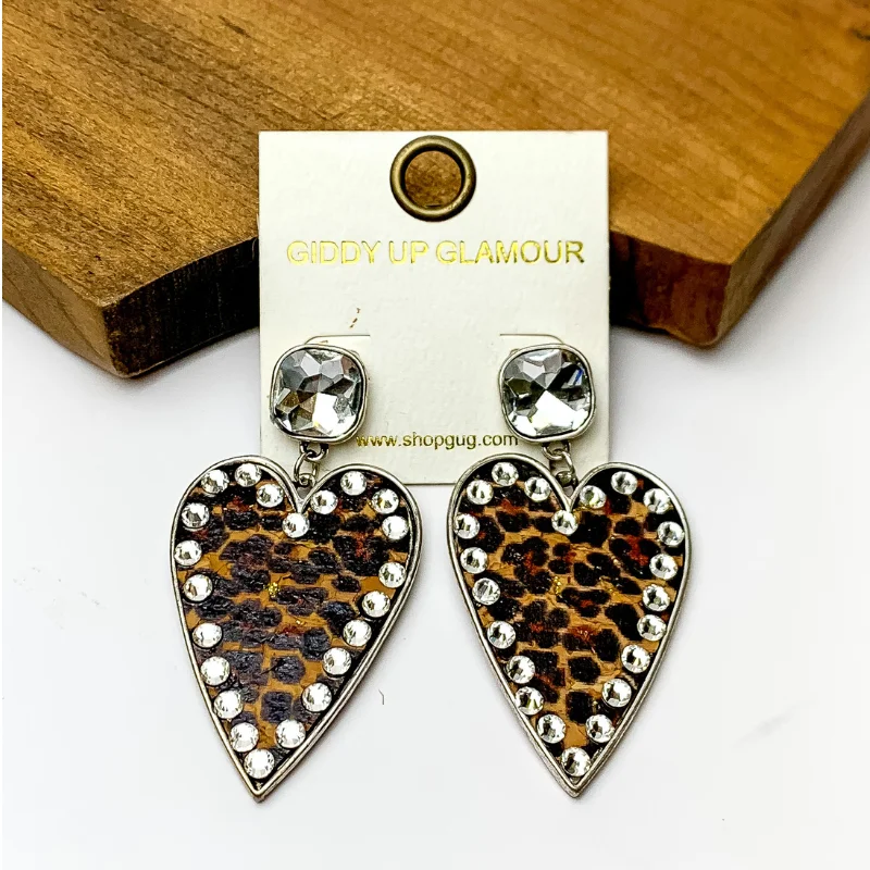 Women’s textured earrings-Cork Leopard Print Heart Earrings with an Clear Crystal Border