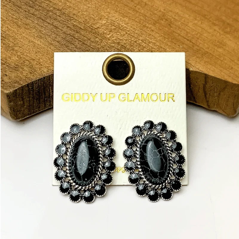 Women’s sapphire earrings-Oval Black Marble Earrings with Black Circle Border