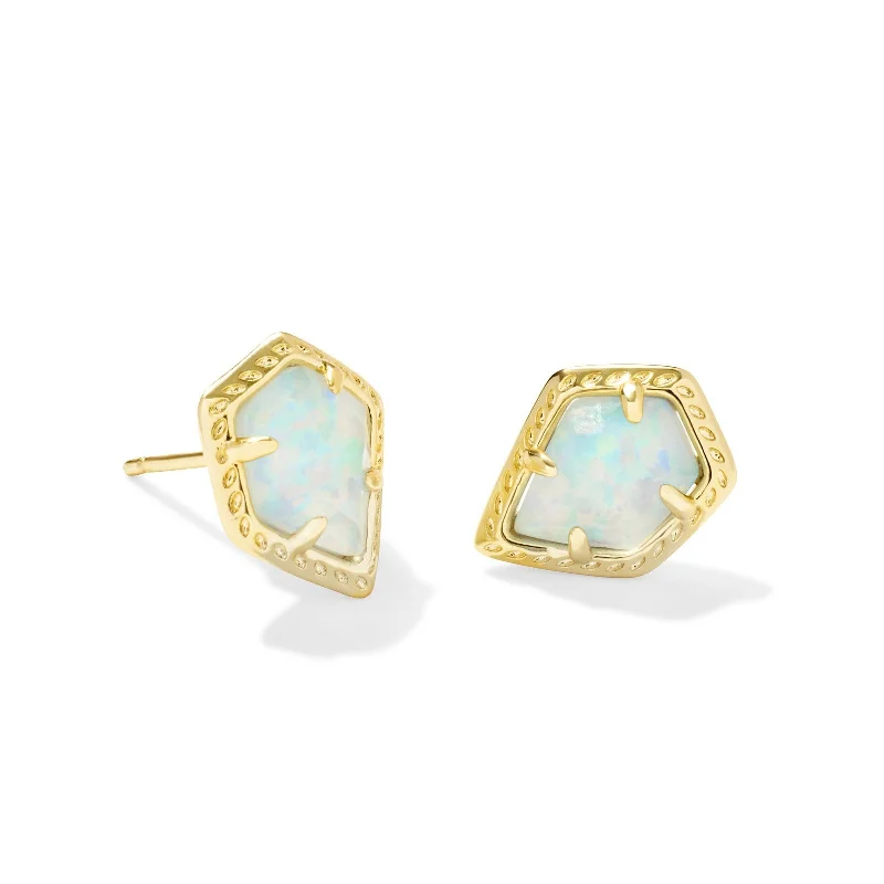 Women’s wedding earrings-Kendra Scott | Framed Tessa Gold Stud Earrings in Gold Luster Light Blue Kyocera Opal