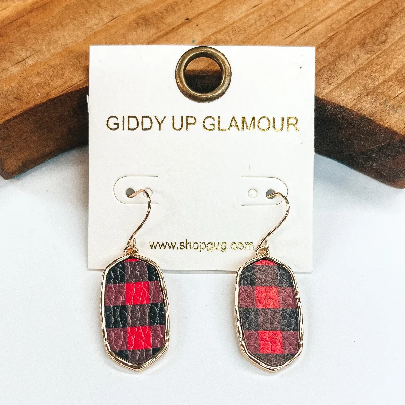 Women’s pearl drop earrings-Rectangular Gold Drop Earrings in Red and Black Buffalo Plaid