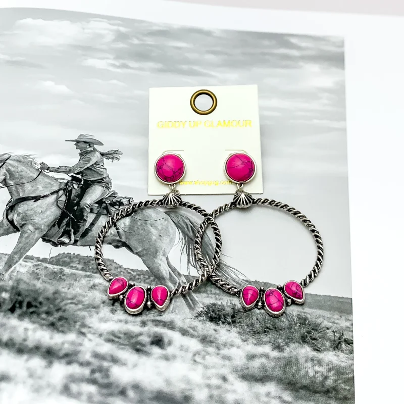 Women’s custom-designed earrings-Western Moment Silver Tone Hoop Earrings With Stones in Hot Pink