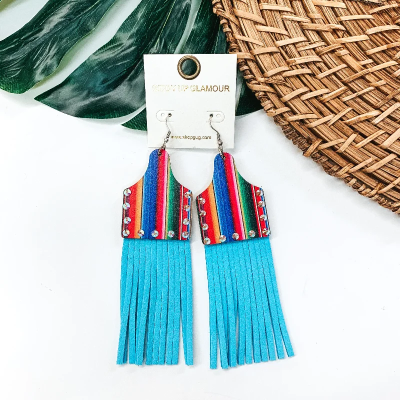 Women’s boho earrings-Serape Cattle Tag Wood Earrings with Turquoise Tassels