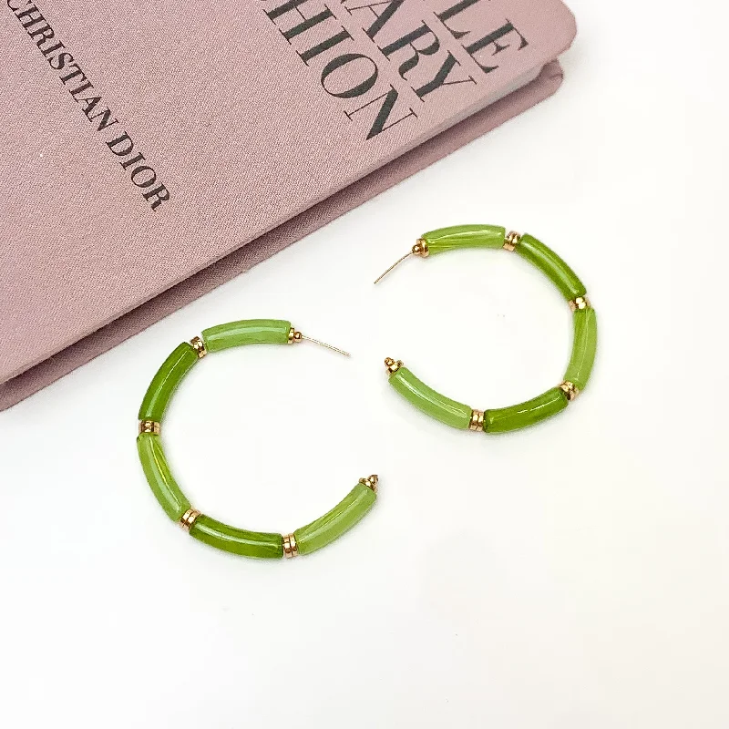 Women’s pearl drop earrings-Island Style Tube Beaded Hoop Earrings in Green