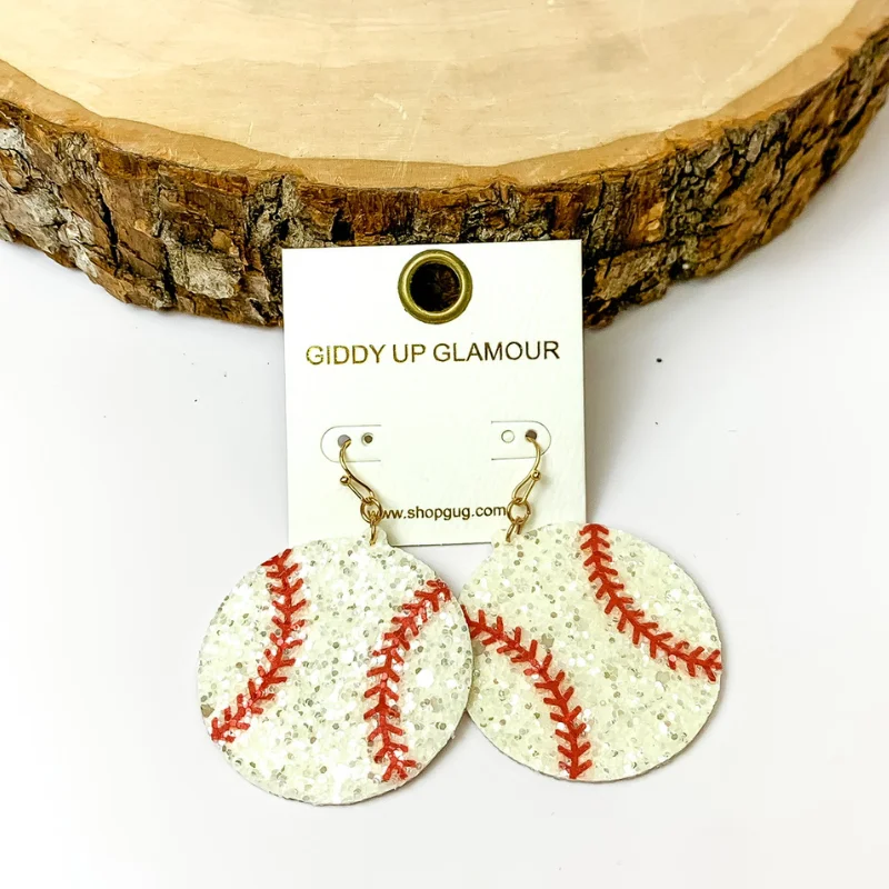 Women’s crystal drop earrings-Circle Drop Glitter Baseball Earrings in White