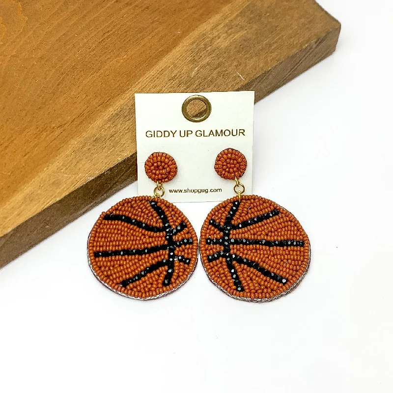 Women’s dangling earrings-Basketball Circular Beaded Earrings in Brown