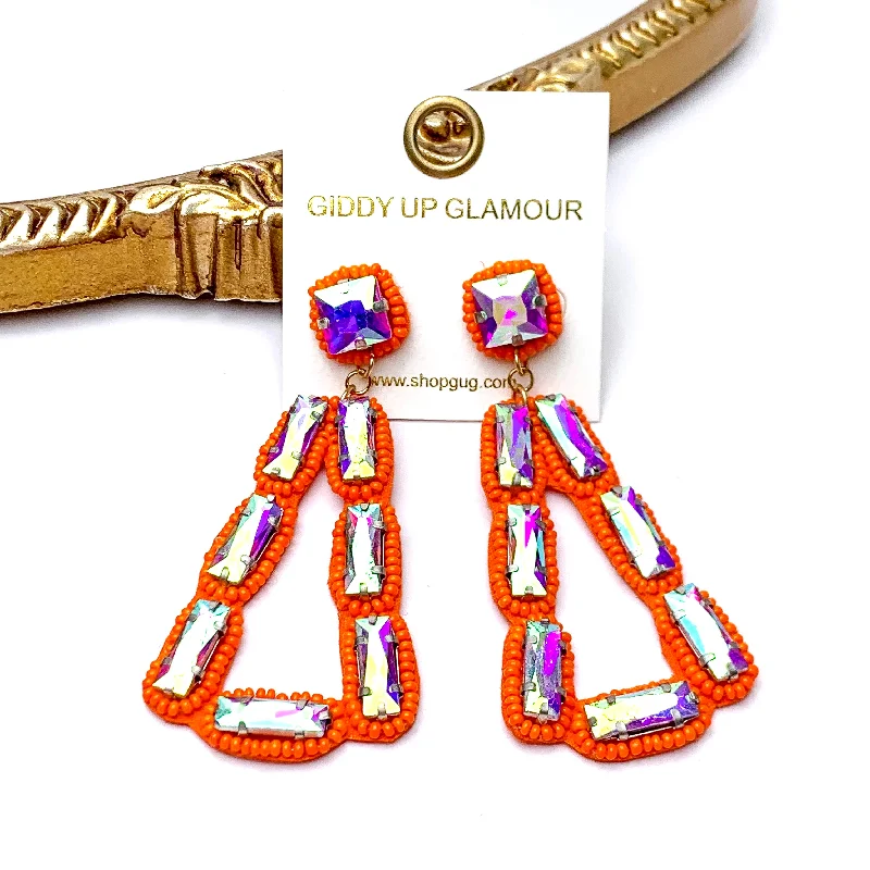 Women’s large hoop earrings-Vibrant Vistas Triangular Seed Bead Drop Earrings with AB Stones in Orange