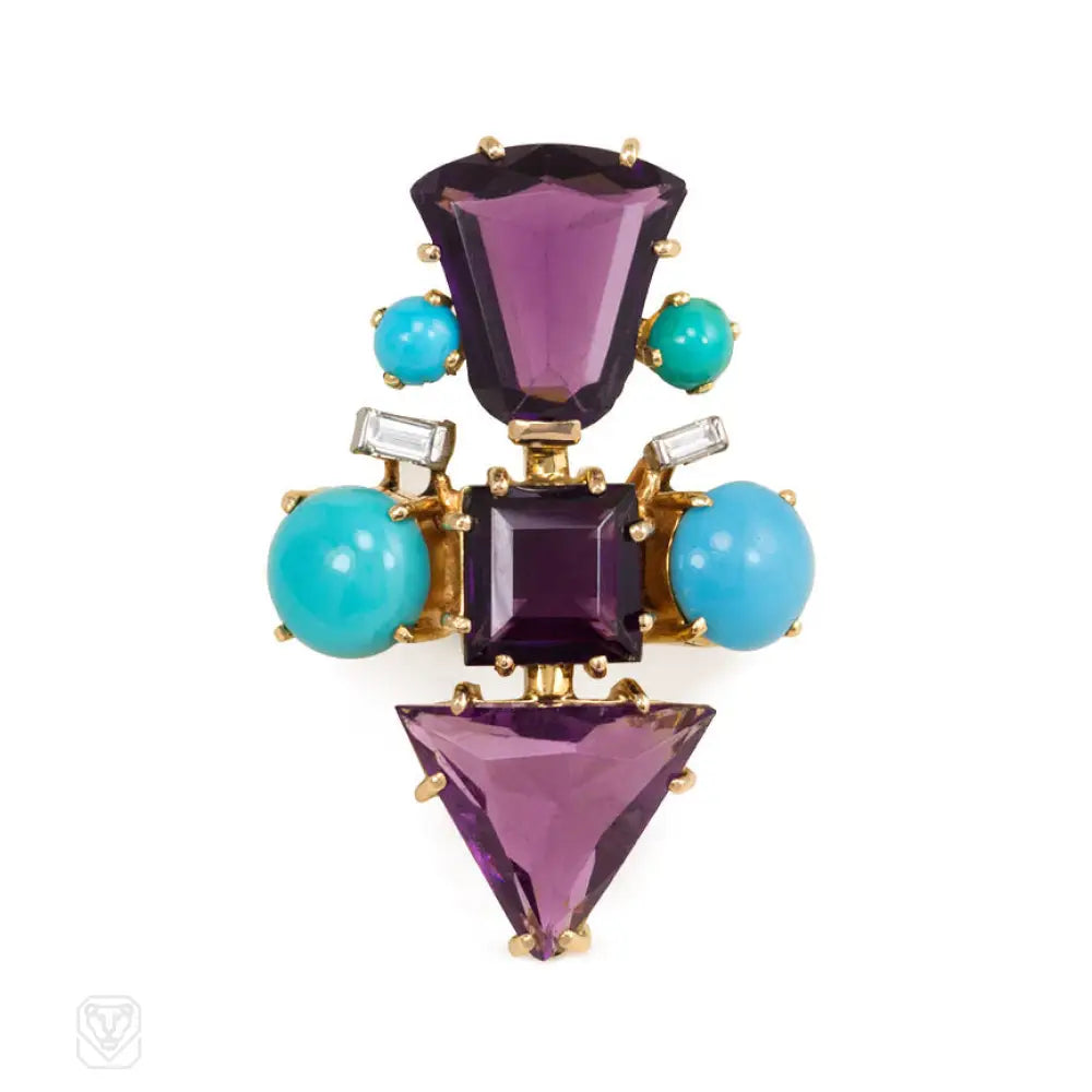 Women’s gemstone rings-French mid-century amethyst, turquoise and diamond cocktail ring