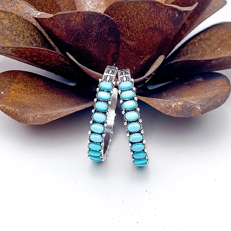 Women’s trendy earrings-Silver Tone Semi Hoop Earring with Turquoise Blue Stones