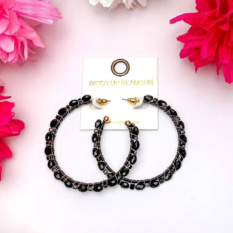 Women’s chic earrings-Large Hoop Earrings Outlined with Crystals in Black