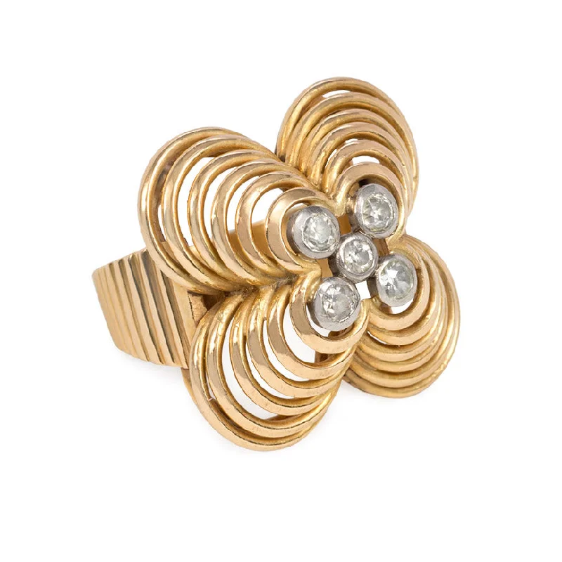 Women’s minimalist engagement rings-Retro gold, platinum, and diamond flower-form ring.