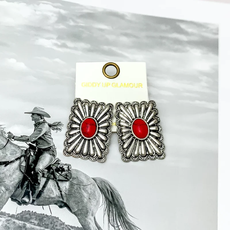 Women’s vintage-inspired earrings-Western Flare Silver Tone Rectangle Earrings With Stone in Red