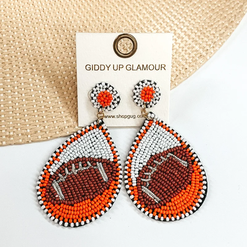 Women’s engraved earrings-Game Day Ready Beaded Teardrop Earrings in White and Orange