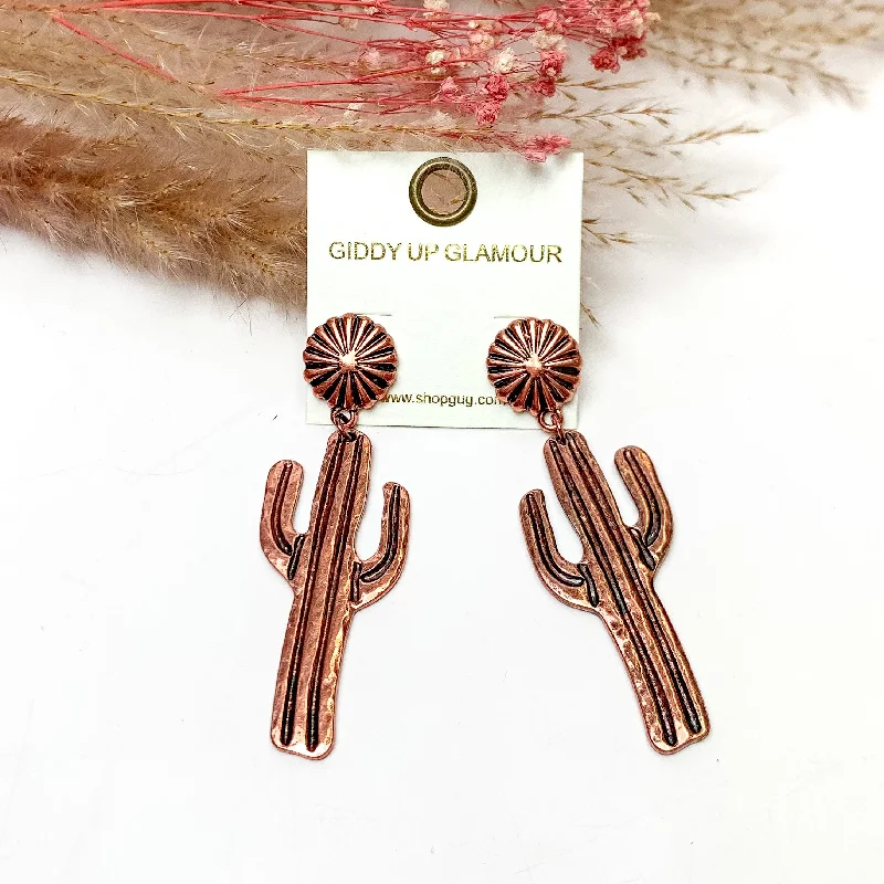 Women’s geometric drop earrings-Country Cactus Copper Tone Earrings