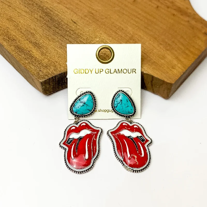 Women’s long drop earrings-Faux Turquoise Post Earrings with Lip and Tongue Drop