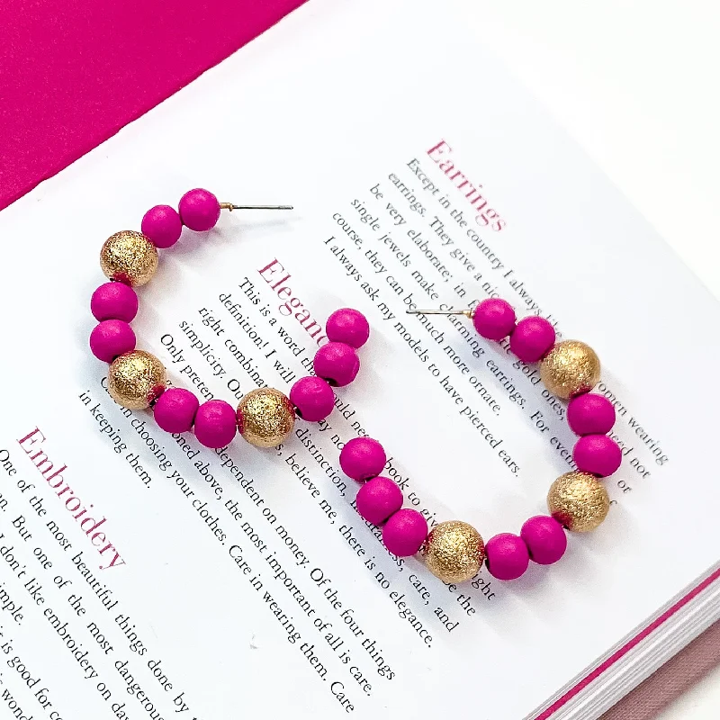 Women’s unique drop earrings-Making Joy Beaded Hoop Earrings with Gold Tone Spacers in Fuchsia Pink