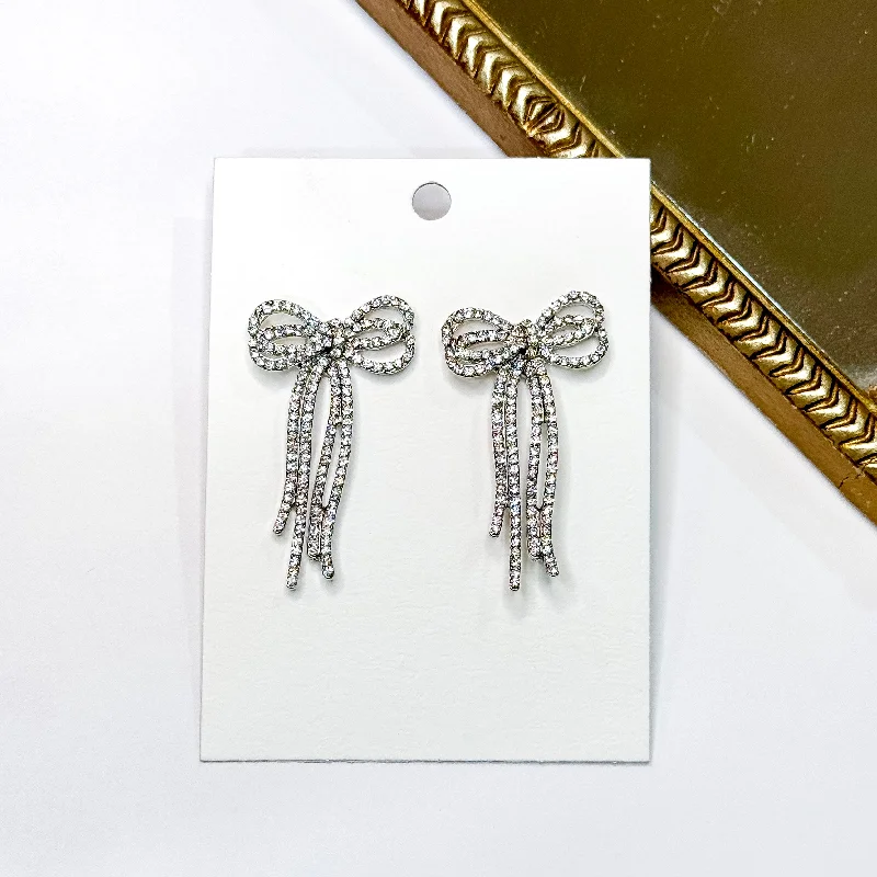 Women’s wedding earrings for bride-Radiant Ribbons Silver Tone Clear Rhinestone Bow Earrings