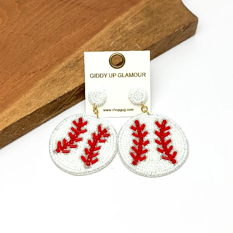 Women’s heart earrings-Baseball Circular Beaded Earrings in White and Red