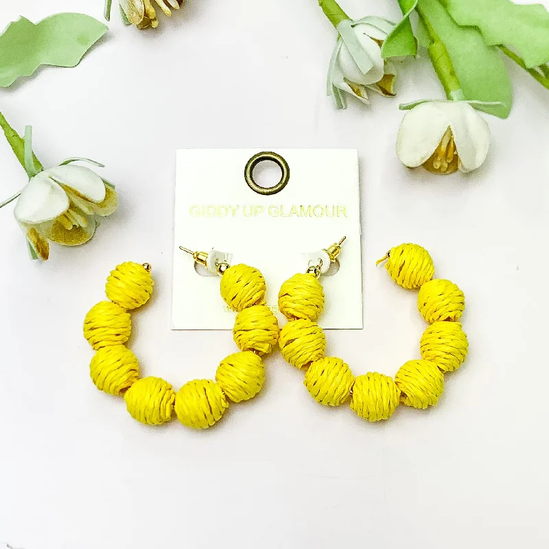 Women’s butterfly earrings-Sorbet Summer Raffia Ball Hoop Earrings in Yellow