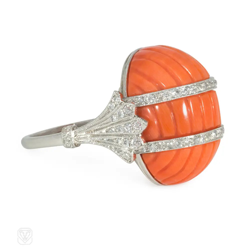 Women’s art deco rings-French coral and diamond Art Deco ring