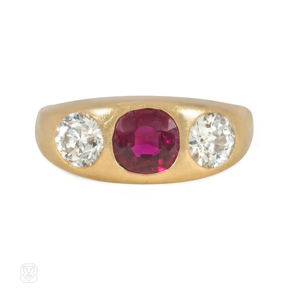 Women’s two-tone rings-Antique Thai ruby and diamond three stone ring