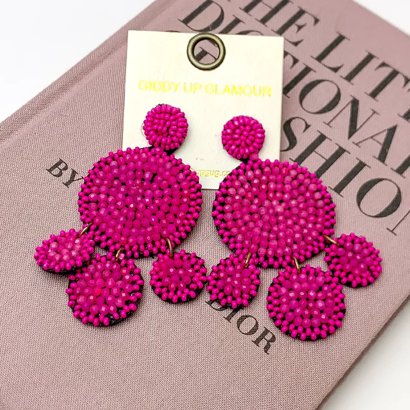 Women’s antique earrings-Beaded Circle Drop Statement Earrings in Fuchsia Pink