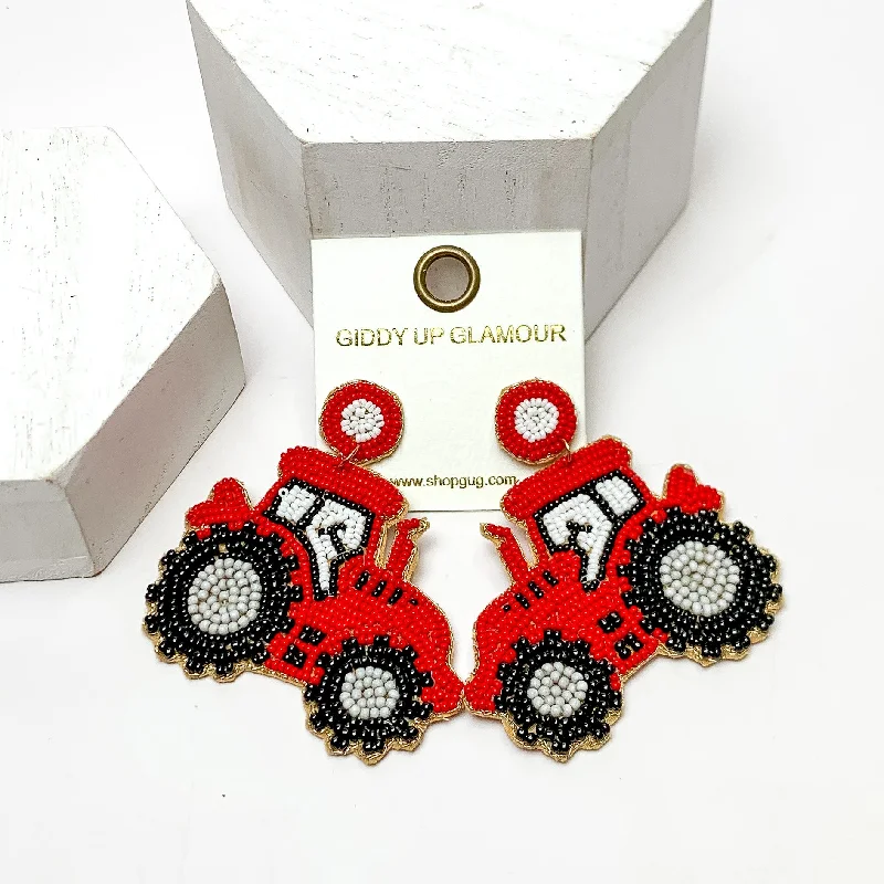 Women’s luxury diamond earrings-Beaded Tractor Post Back Earrings in Red