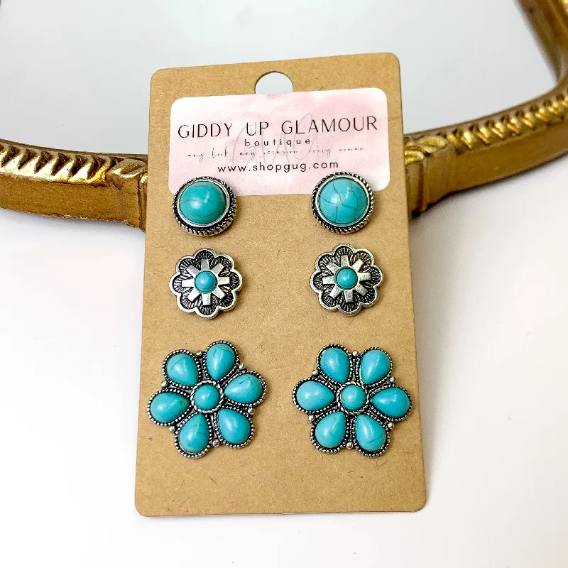 Women’s luxury diamond earrings-Set Of Three | Flower and Stone Silver Tone Earring Set in Turquoise Blue