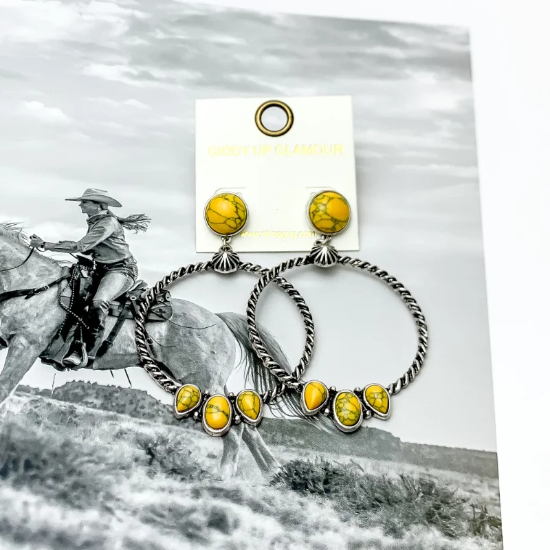 Women’s hoop gold earrings-Western Moment Silver Tone Hoop Earrings With Stones in Yellow