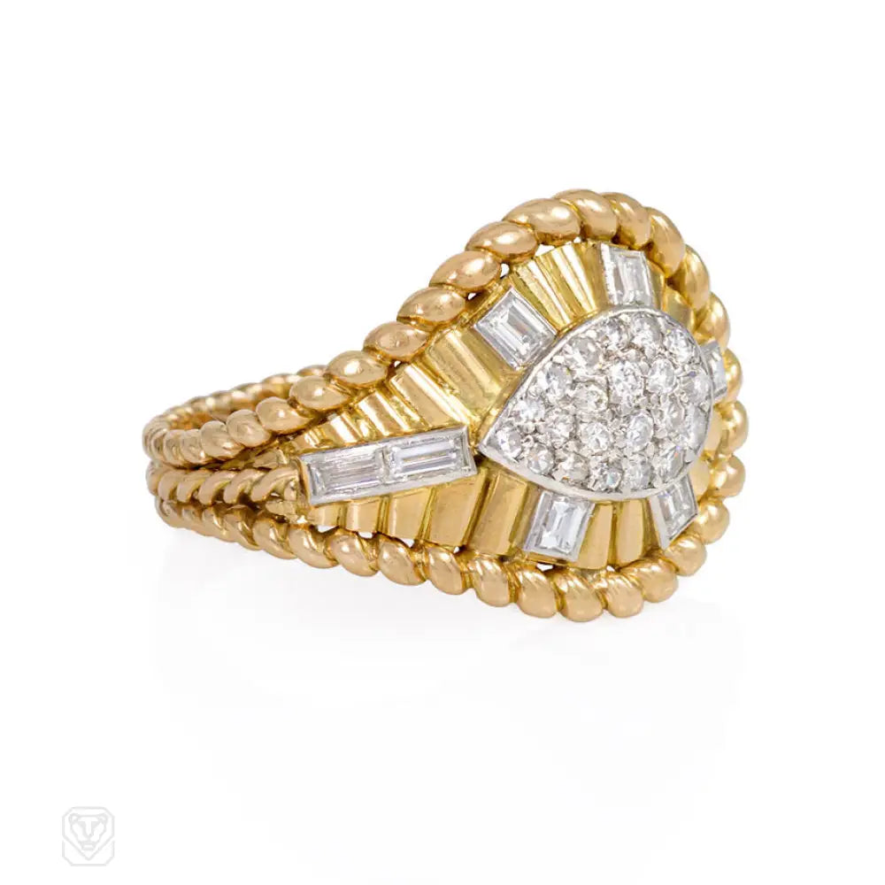 Women’s stacked rings-Mid-century gold and diamond teardrop ring