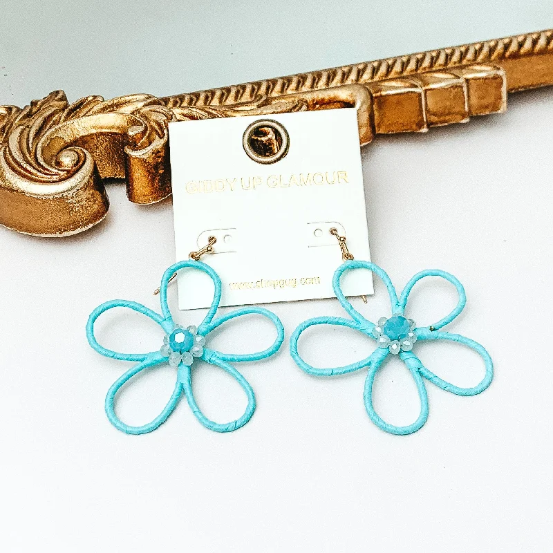 Women’s stud earrings-Daisy Delight Raffia Wrapped Flower Earrings with Crystal Center in Pale Turquoise