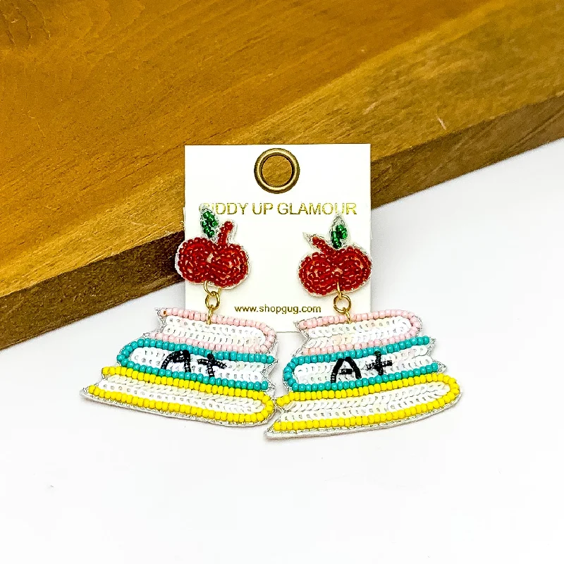 Women’s custom diamond earrings-Stacked Books With Apple Post Earrings in Multicolor