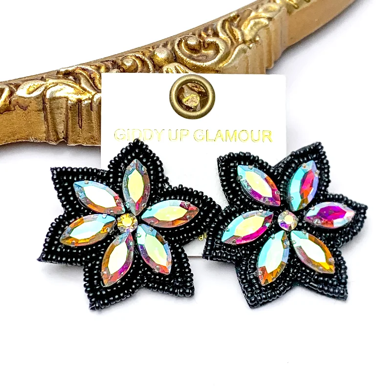 Women’s colorful earrings-Prismatic Petals Seed Bead Flower Stud Earrings with AB stones in Black