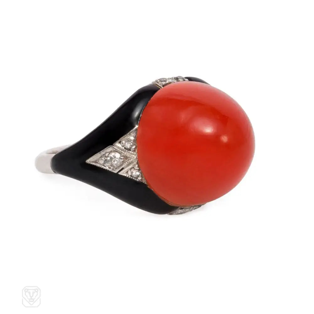 Women’s bridal rings-Art Deco cabochon coral and enamel ring