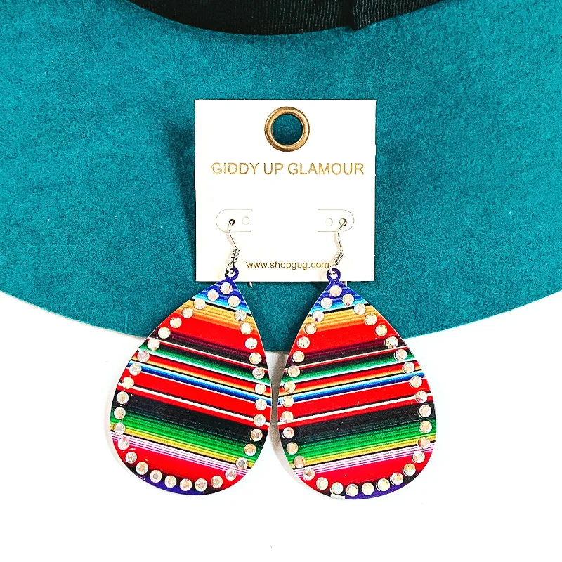 Women’s custom earrings-Serape Print Teardrop Earrings with AB Crystals in Red Mix