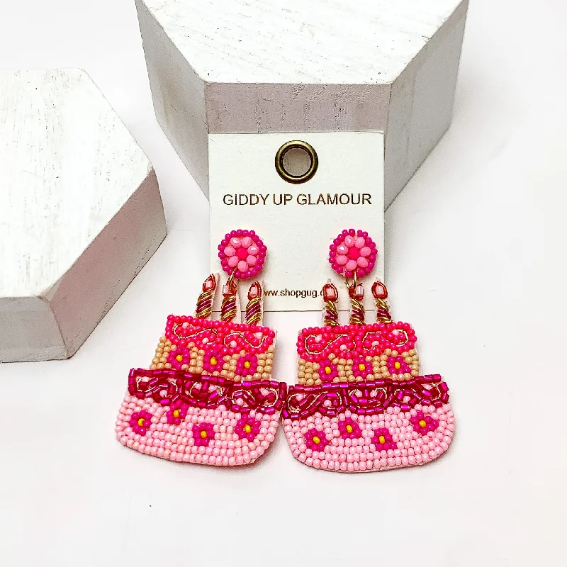 Women’s crystal drop earrings-Birthday Cake Beaded Earrings in Hot Pink