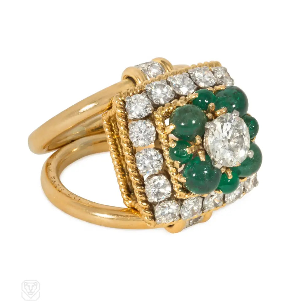 Women’s geometric engagement rings-1950s Marchak emerald, diamond, and gold cocktail ring