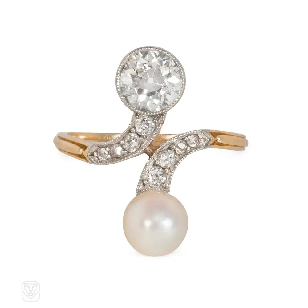 Women’s unique gemstone rings-Antique pearl and diamond Toi et Moi ring