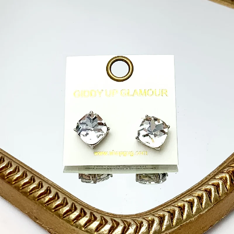 Women’s luxury statement earrings-Large Clear Crystal Stud Earrings in Silver Tone