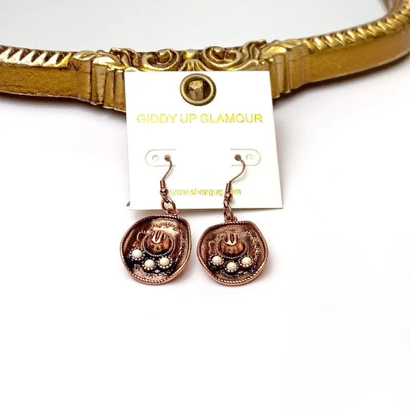 Women’s engraved earrings-Copper Tone Cowboy Hat Drop Earrings with Faux White Stone Accents