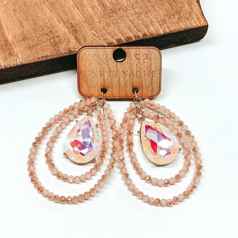 Women’s gold stud earrings-Pink Panache | Blush Crystal Layered Beaded Teardrop Earrings with White Opal AB Teardrop Crystal