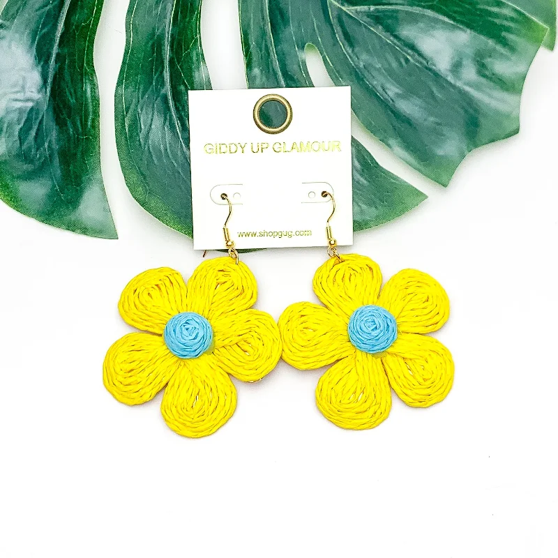 Women’s custom diamond earrings-Darling Daisy Raffia Wrapped Flower Earrings in Yellow