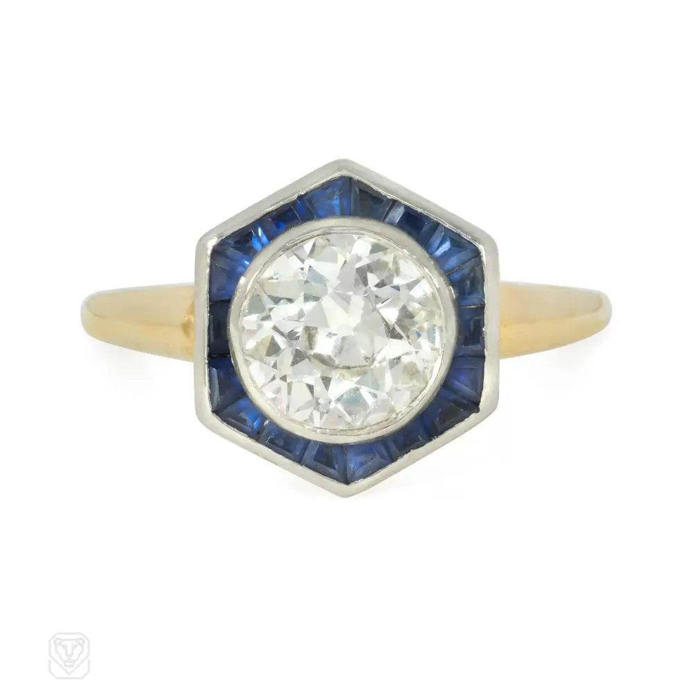 Women’s square diamond rings-An antique hexagonal diamond and sapphire ring