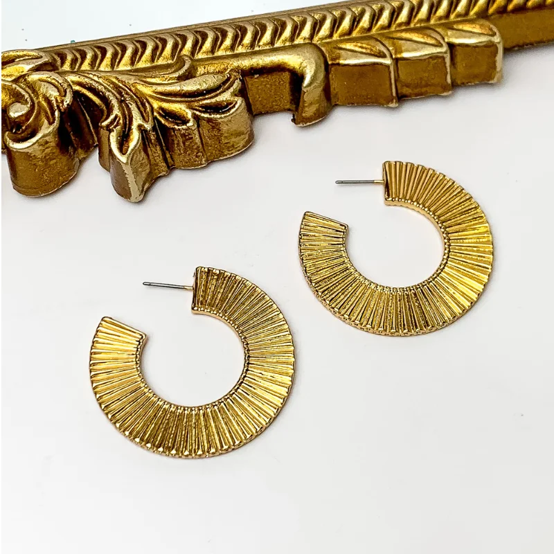 Women’s silver stud earrings-Ribbed Post Hoop Earrings in Gold Tone