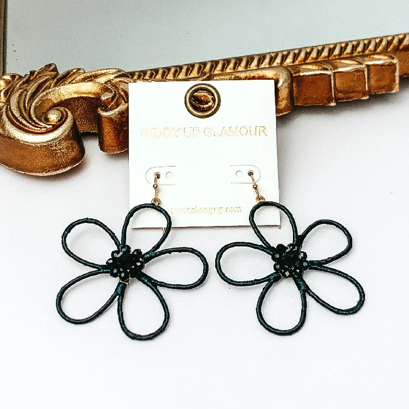 Women’s unique earrings-Daisy Delight Raffia Wrapped Flower Earrings with Crystal Center in Black