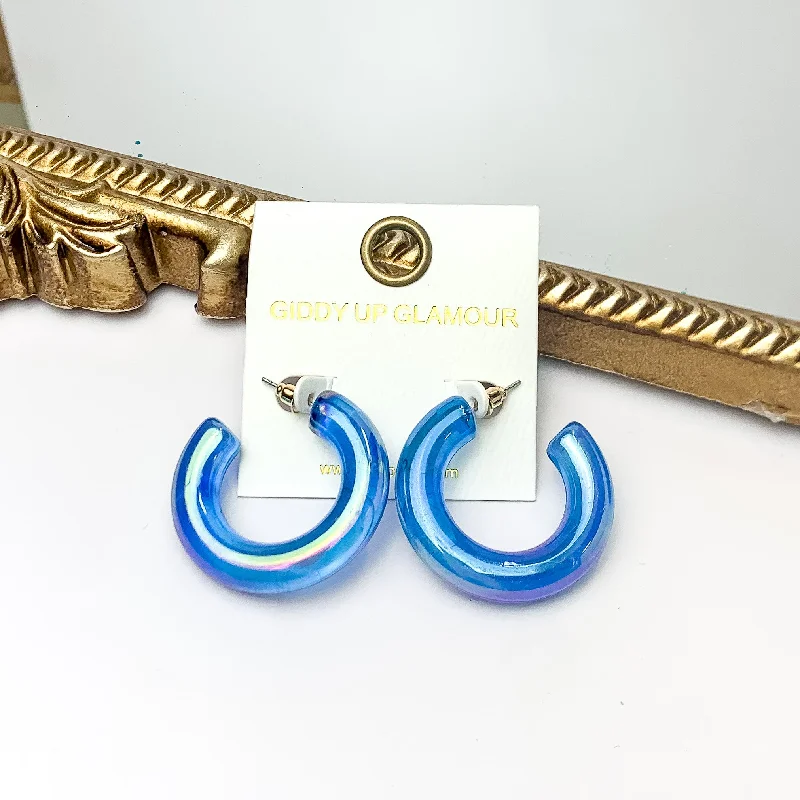 Women’s delicate earrings-Rainbow Hour Iridescent Chunky Hoop Earrings in Blue