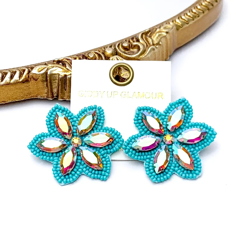 Women’s infinity earrings-Prismatic Petals Seed Bead Flower Stud Earrings with AB stones in Turquoise