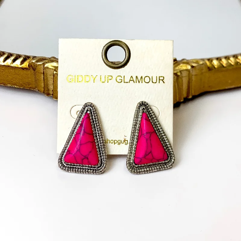 Women’s hoop gold earrings-Western Silver Tone Faux Triangle Stone Earrings in Fuchsia Pink