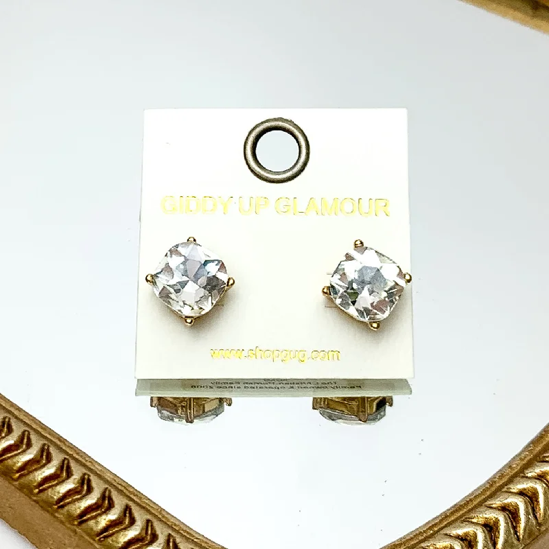 Women’s hoop earrings-Large Clear Crystal Stud Earrings in Gold Tone