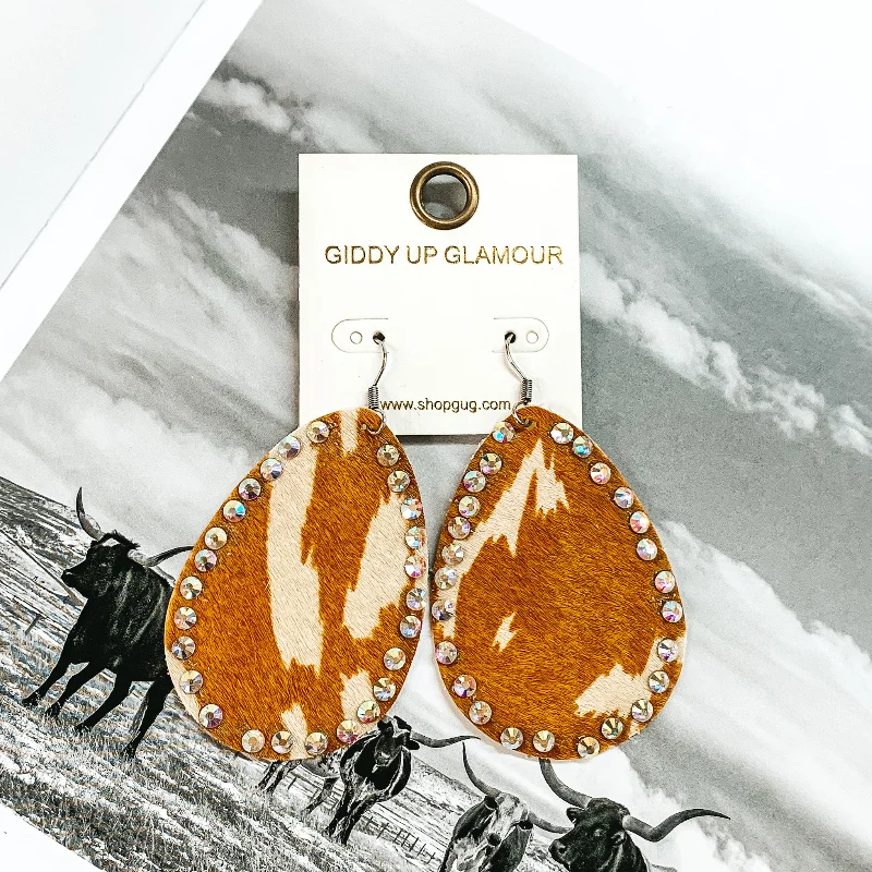 Women’s hoop gold earrings-Faux Cowhide Teardrop Earrings with AB Crystal Outline in Ivory and Tan Cow Print