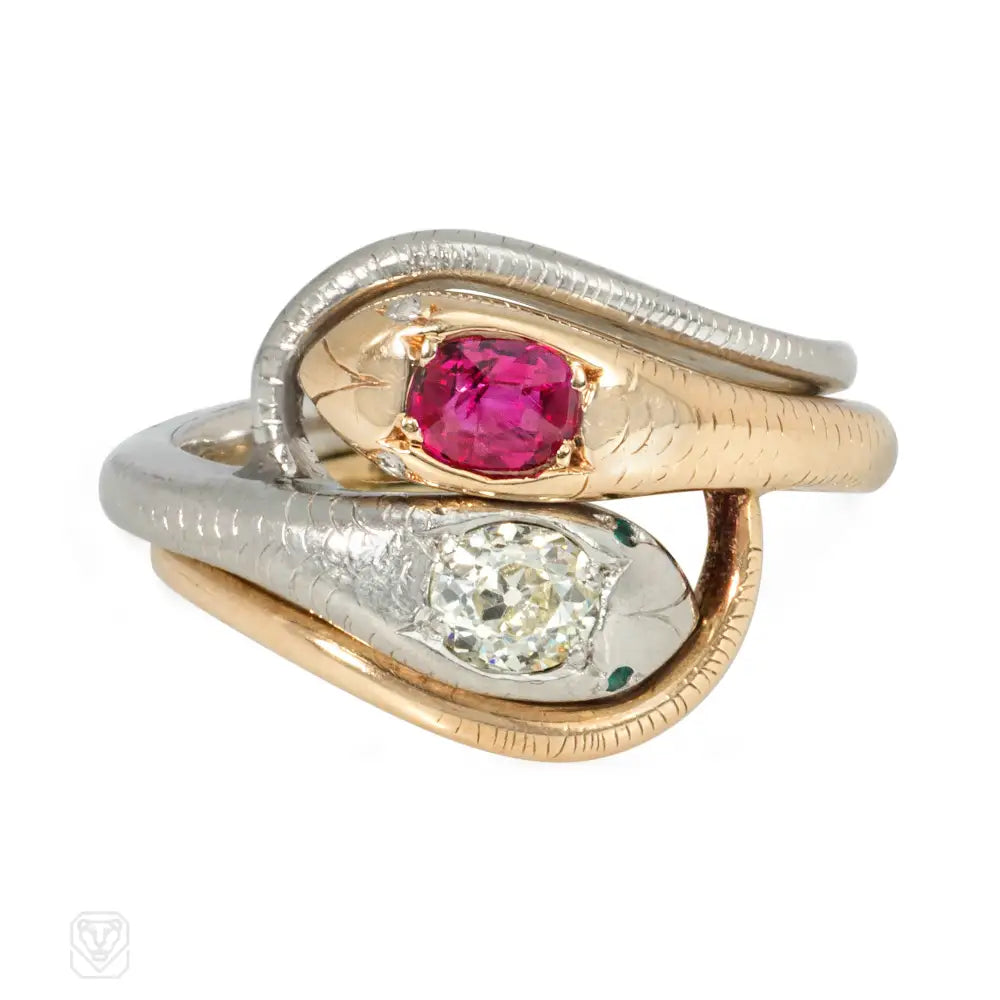 Women’s natural stone rings-Antique gold and platinum double snake ring with ruby and diamond